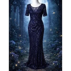 Adrianna Papell Navy Sequin Lace Gown Formal Evening Dress Size 14